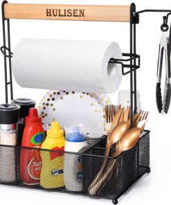 Grill Caddy. BBQ Caddy with Paper Towel Holder. Utensil Caddy for Plates and Utensils. Picnic Condiments Caddy for Barbucue Griddle Accessories. Outdoor Camper Camping RV Backyard Must Have