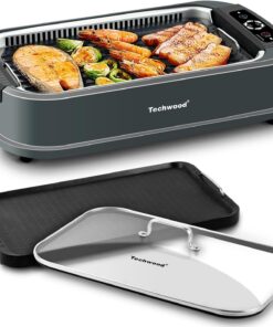 Techwood Indoor Grill Smokeless Grill. 1500W Indoor Korean BBQ Electric Tabletop Grill with Tempered Glass Lid. Removable Grill and Griddle Plates with Drip Tray. Gray