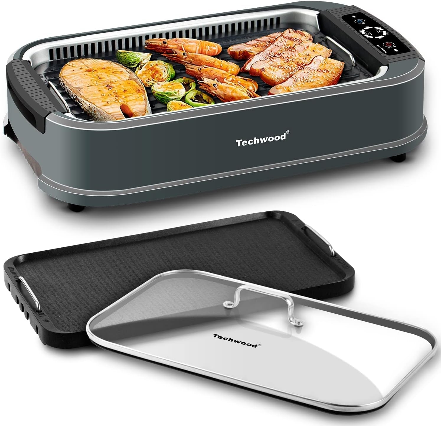 Techwood Indoor Grill Smokeless Grill. 1500W Indoor Korean BBQ Electric Tabletop Grill with Tempered Glass Lid. Removable Grill and Griddle Plates with Drip Tray. Gray