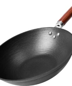 21St & Main Wok. Stir Fry Pan. Wooden Handle. 11 Inch. Lightweight Cast Iron. Chef'S Pan. Pre-Seasoned Nonstick. for Chinese Japanese and Other Cooking