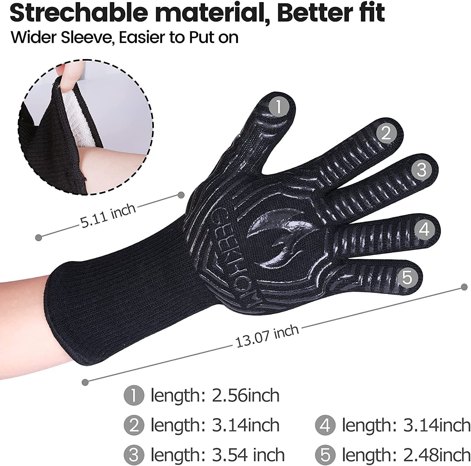 BBQ Gloves.1472℉ Heat Resistant Grill Gloves. EN407 Certified 13 Inch Grilling Gloves for Smoker. Baking. Cooking. Fire Pit (Black-Flames Texture) - Image 7
