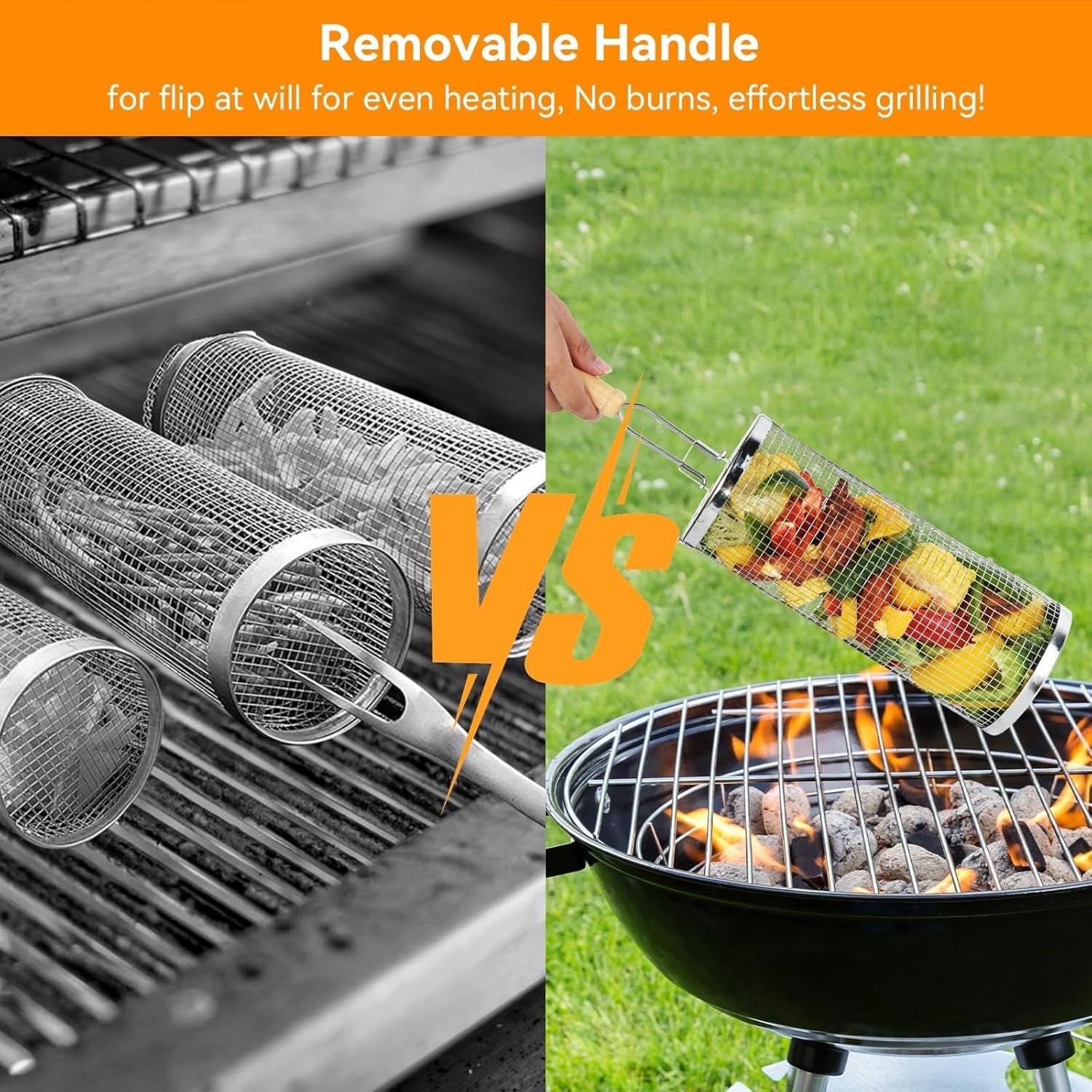 Rolling Grill Baskets for Outdoor.2 PCS BBQ Grilling Basket with Removable Wooden Handle. 5 and 3Diameter 304 Stainless Steel BBQ Net for Vegetables Seafood Meat. Camping Birthday Gifts for Men Dad Husband - Image 2