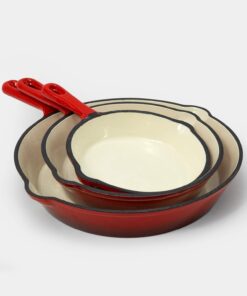 Excelsteel 3 Pc Cast Iron Skillet Set W/Red Enamel Coating. Perfect for Home Stovetop and Delicious Outdoor Cooking Skillet Set