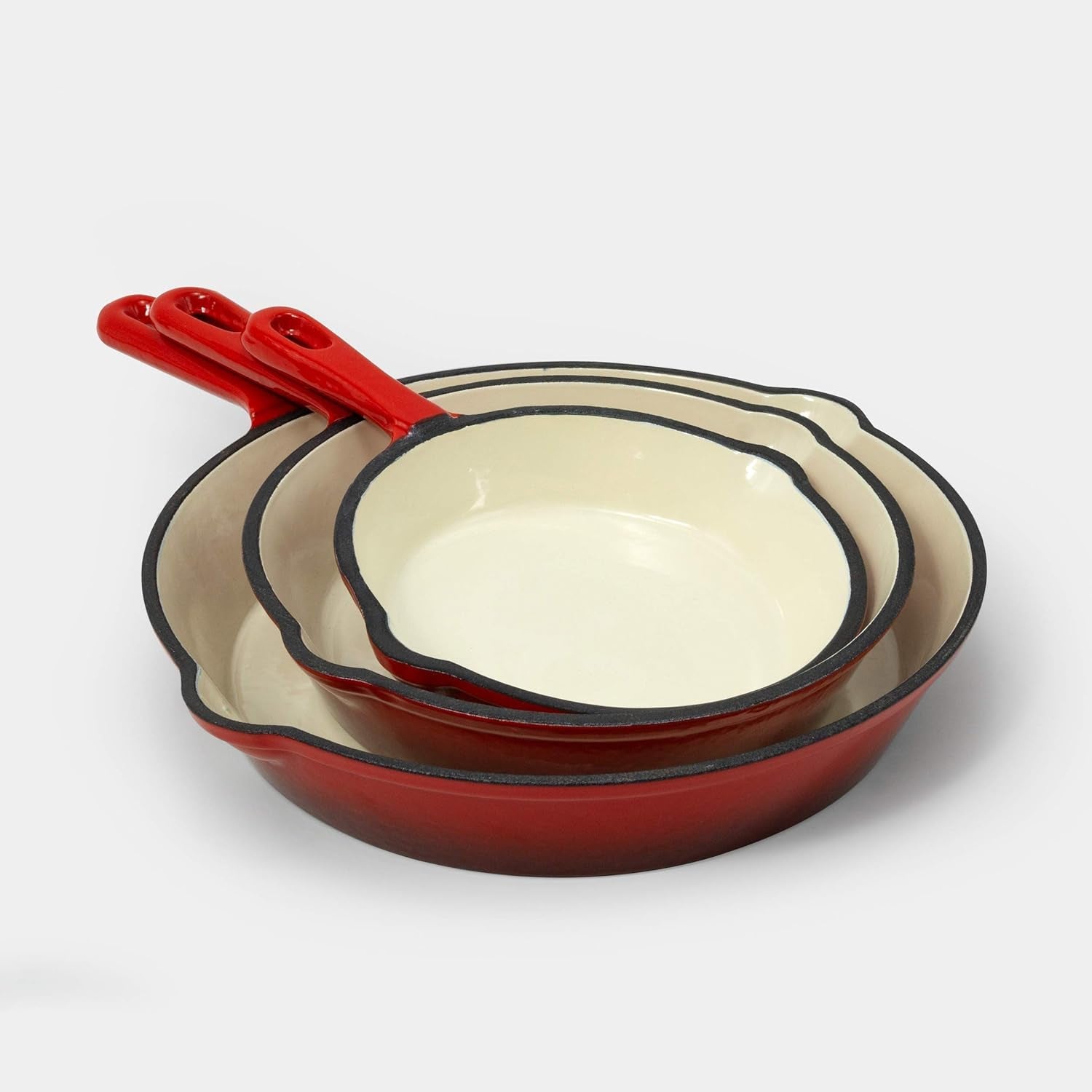 Excelsteel 3 Pc Cast Iron Skillet Set W/Red Enamel Coating. Perfect for Home Stovetop and Delicious Outdoor Cooking Skillet Set