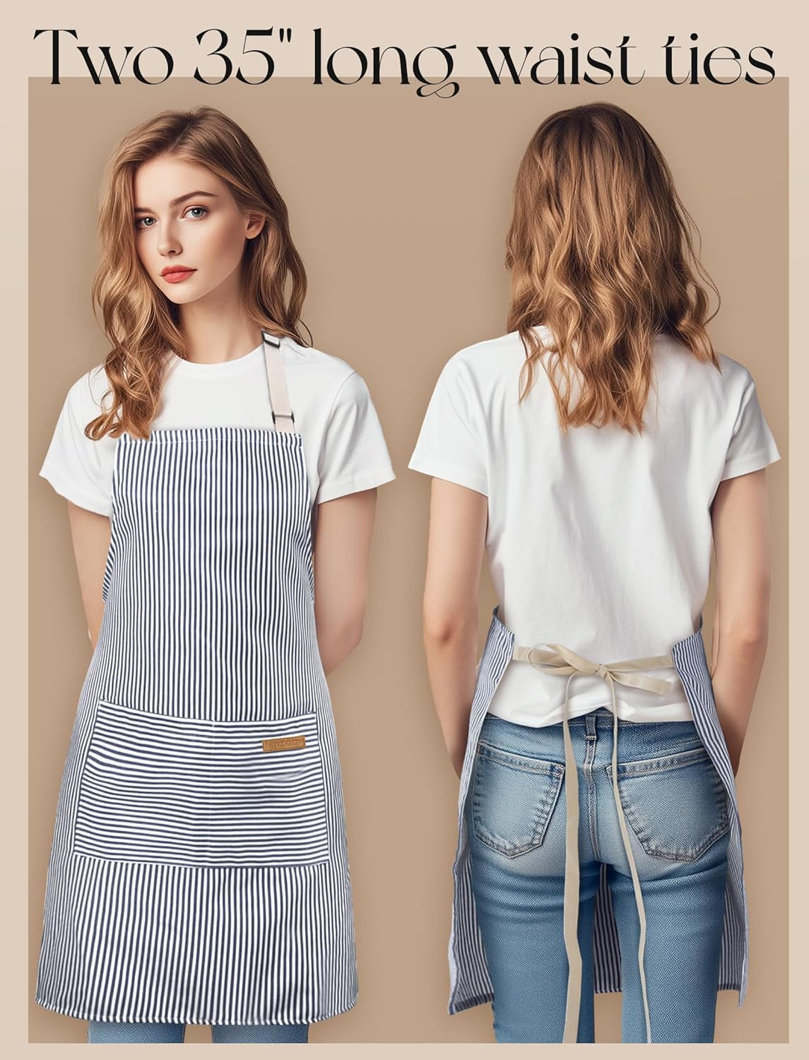 2 Pack Kitchen Cooking Aprons. Soft Aprons for Women Men with 2 Pockets Chef Apron with Adjustable Neck Strap and Long Tie - Image 5