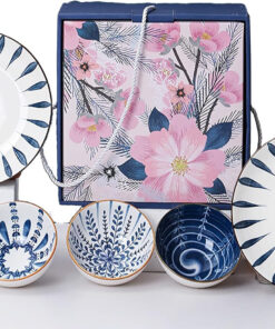 Japanese Style Ceramic Plates & Bowls Set – 4 Rice Bowls. 2 Pasta Bowls. Blue & White Gift Boxed Dinnerware