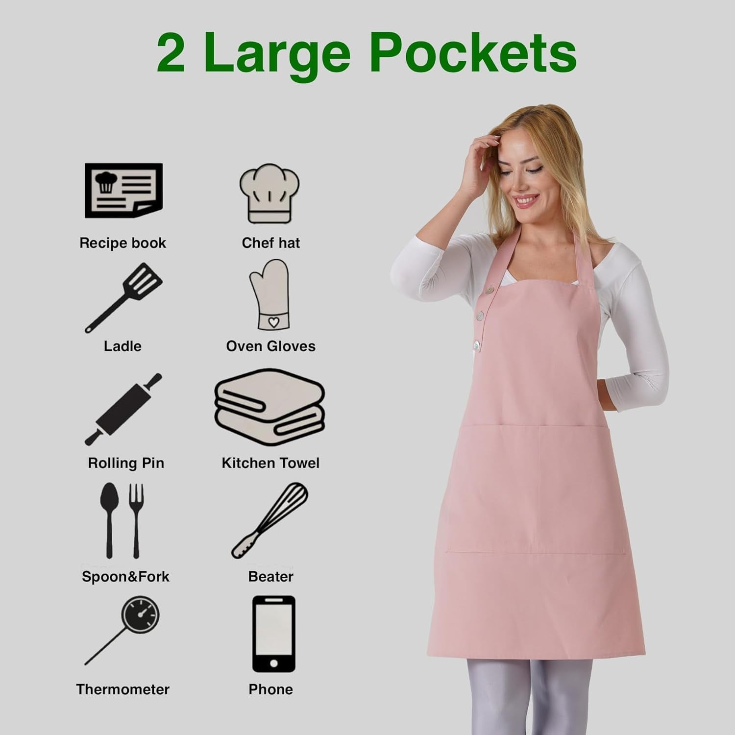 TOSHE Kitchen Apron Waterdrop Resistant Cotton Apron with Adjustable Aprons for Women with Pockets 10 Color Option Cooking Powder Pink Apron (Powder Pink) - Image 2