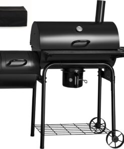 Flamaker Charcoal Grill Outdoor BBQ Grill with Side Oven & Thermometer Barbecue Grill Offset Smoker with Ash Catcher & Cover for Camping Picnics