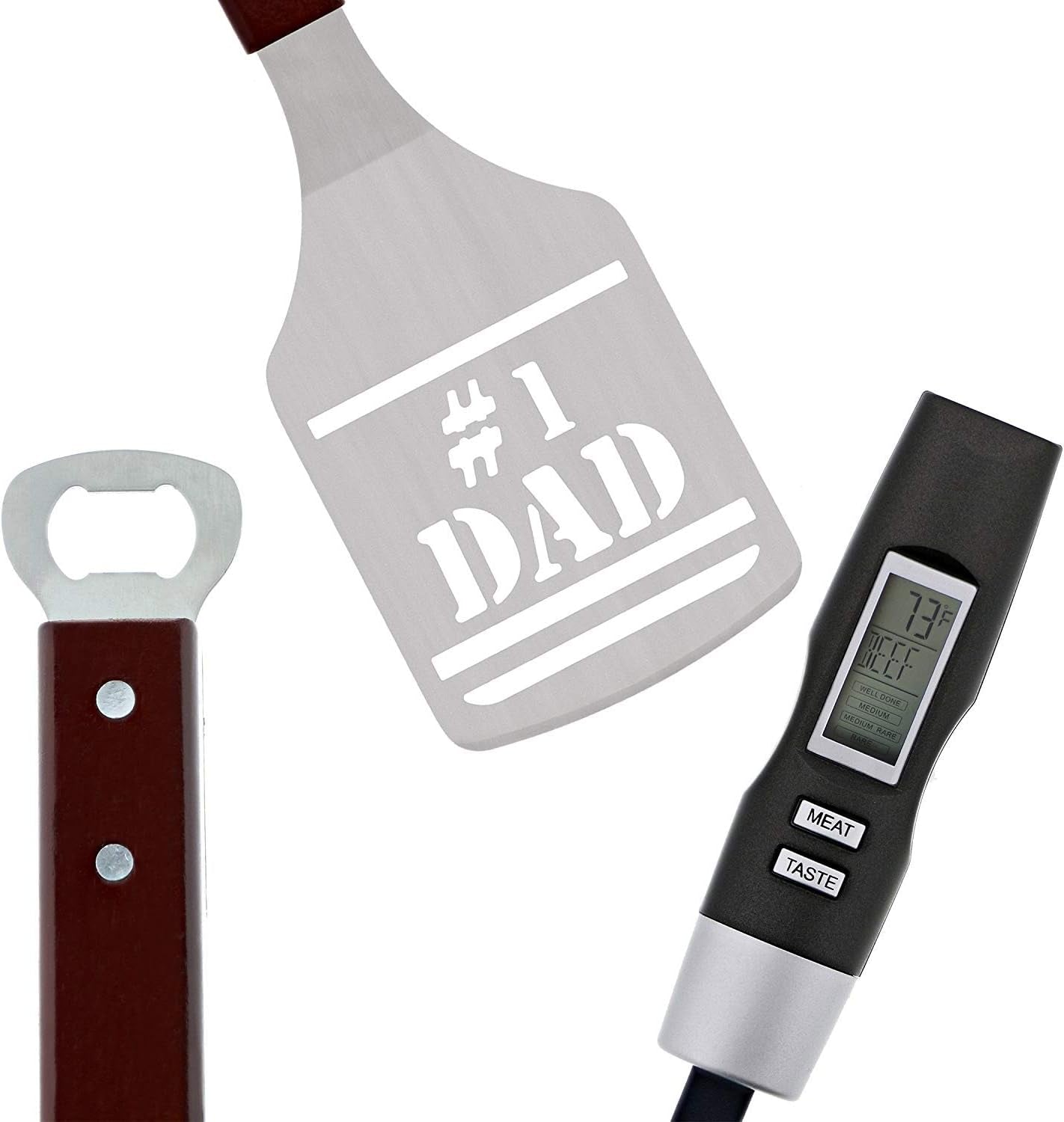 Panoware BBQ Grill Tools Set for Dad. 4 Piece Set. Number 1 Dad Tongs. Spatula. Digital Thermometer and Case - Image 5