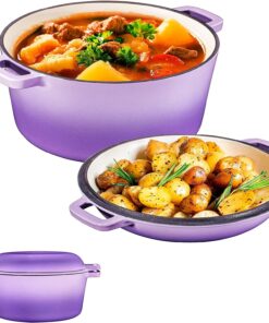 Bruntmor 2-In-1 Enamel Cast Iron Dutch Oven with Handles - Crock Pot Purple Cast Iron Pot with Skillet Lid - All-In-One Cookware Braising Pan for Casserole Dish - 5 Quart. Purple