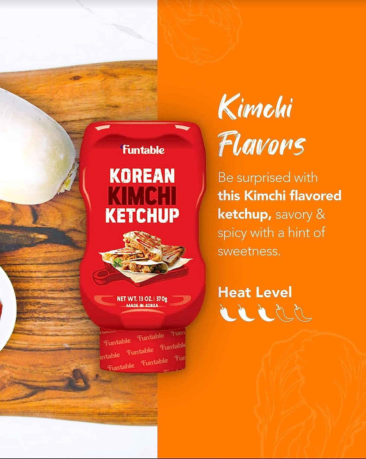 Funtable Korean Kimchi Ketchup (13Oz. Pack of 1) - Savoury & Spicy Low-Calorie Ketchup. Great Flavors. Easy-To-Use. Perfect for Chicken. Nuggets. Wings & Nachos. Tomato Sauce Alternative. - Image 2