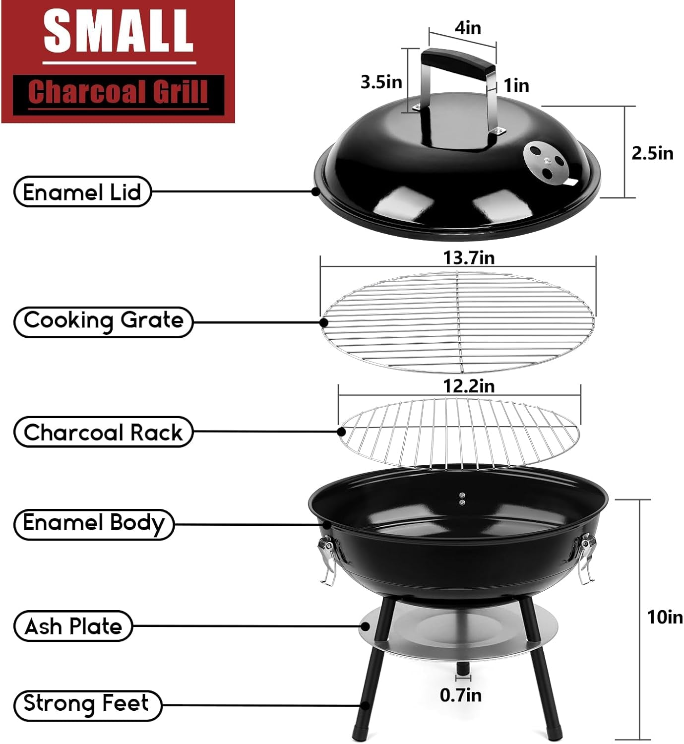 Hasteel 14 Inch Charcoal Grill. Small Black Enamel Outdoor BBQ Grill. Mini Flat Top Kettle Barbecue Grill with Screwdriver. Portable for Backyard Garden Camping Cooking Smoking. Dual Venting System - Image 2