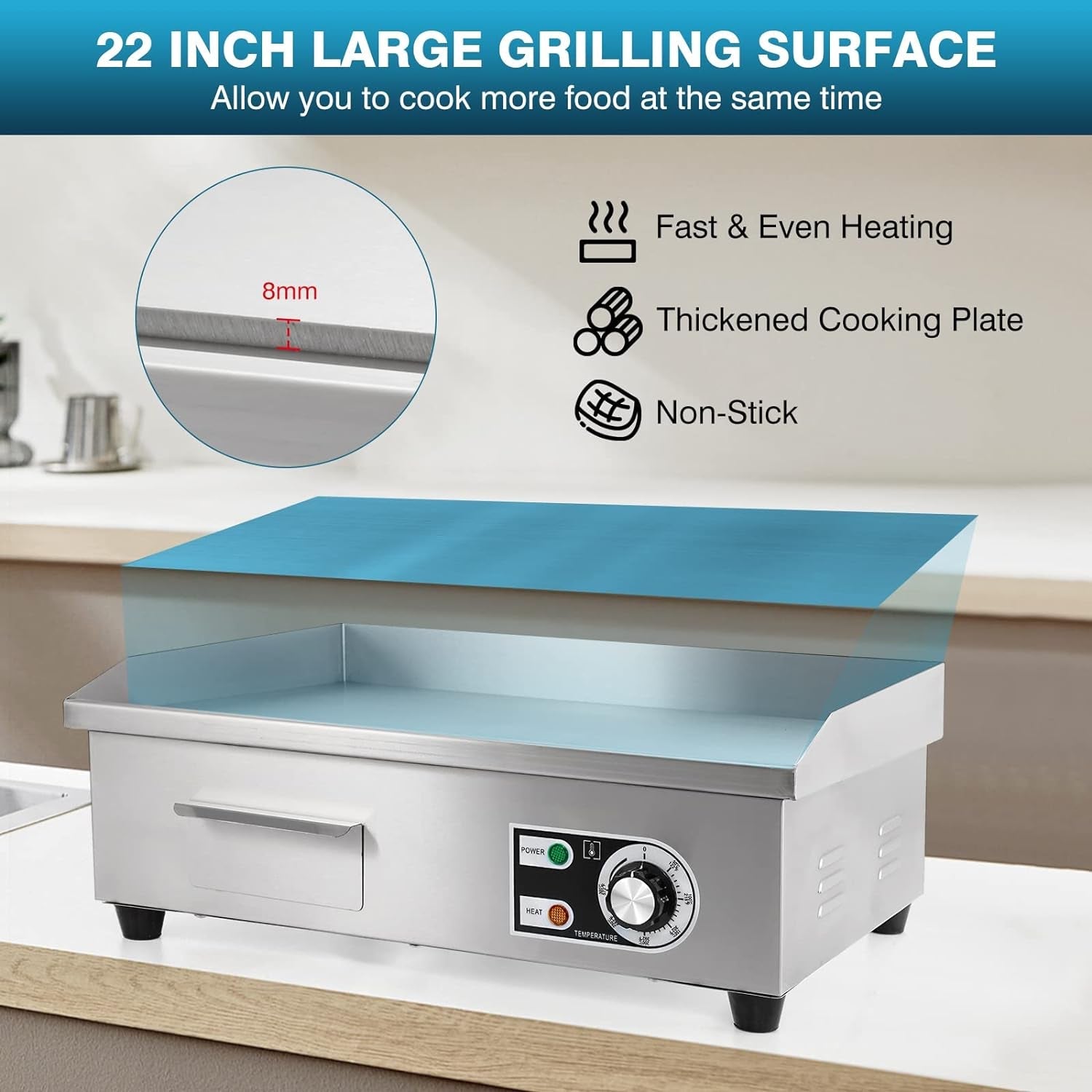 Commercial Electric Griddle 22. 3000W Electric Flat Top Griddle Grill Indoor with 122~572℉ Adjustable Temperature Control. Non-Stick Stainless Steel Teppanyaki Grill for Restaurant. Hotel - Image 3