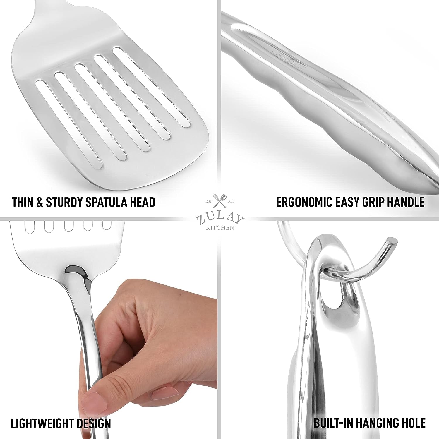 Zulay Kitchen Heavy Duty Stainless Steel Metal Spatula - 14.8 Stainless Steel Spatula for Cooking - Spatula Stainless Steel for Frying - Ergonomic Easy Grip Handle - Slotted Turner Grill Spatula - Image 4