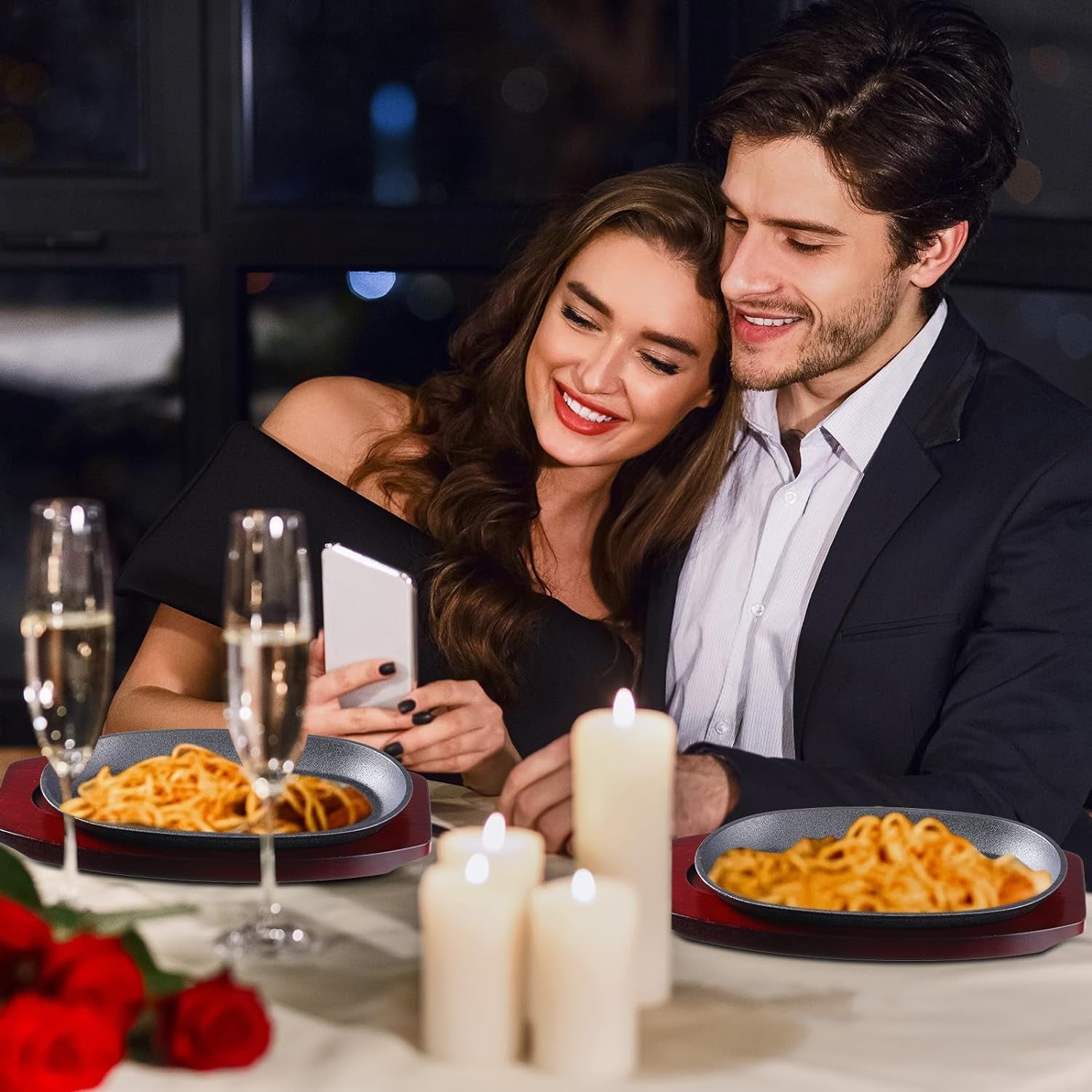 12 Pieces Oval Cast Iron Fajita Pan Set Sizzling Steak Plate with Wooden Base and Handle Cast Iron Steak Cast Iron Fajita Skillet Sizzling Plate for Home Restaurant and Barbecue Picnic - Image 7