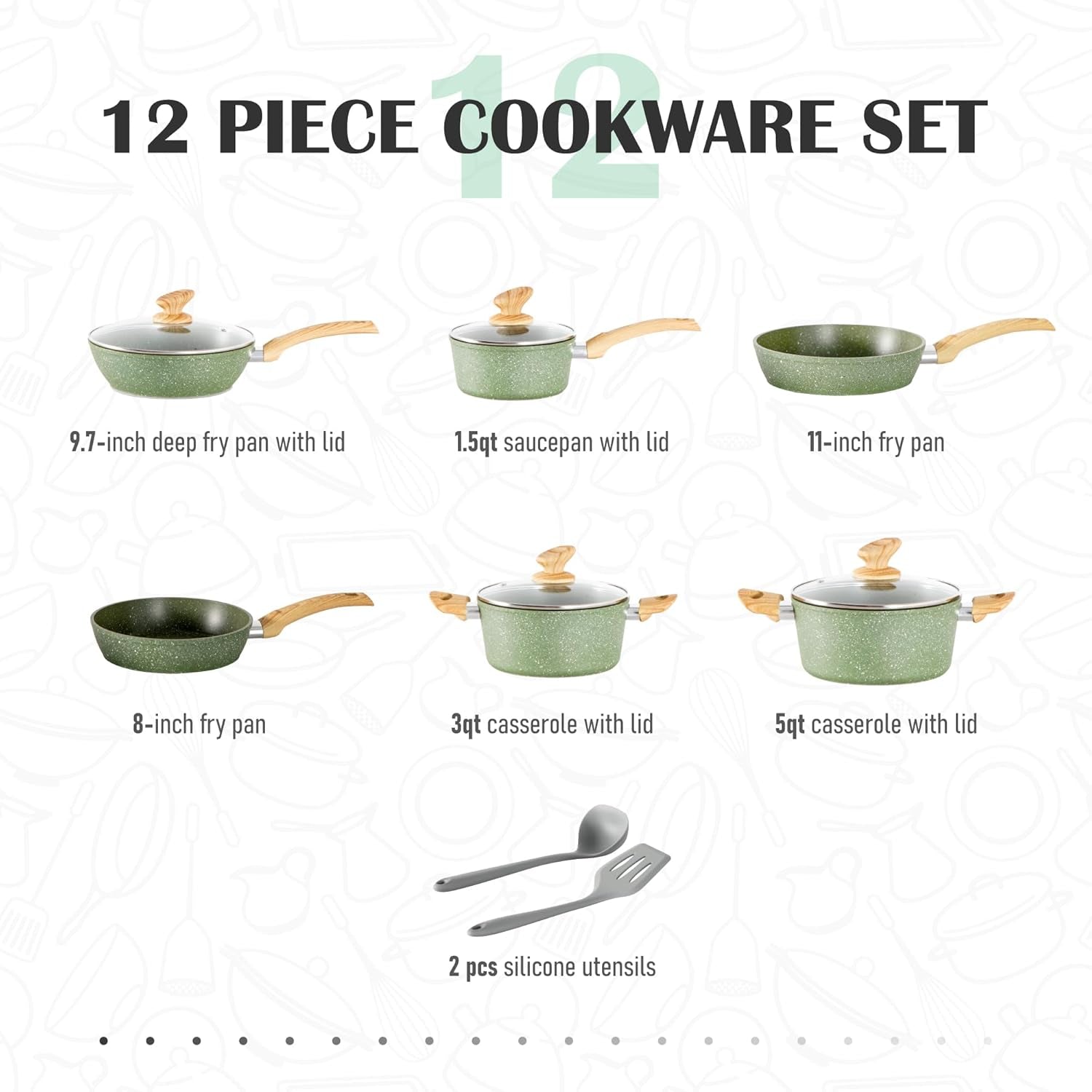 MAISON ARTS Pots and Pans Set Non Stick. 12 Piece Green Granite Kitchen Cookware Induction Compatible. Pot and Pan Sets for Cooking Nonstick - Image 6
