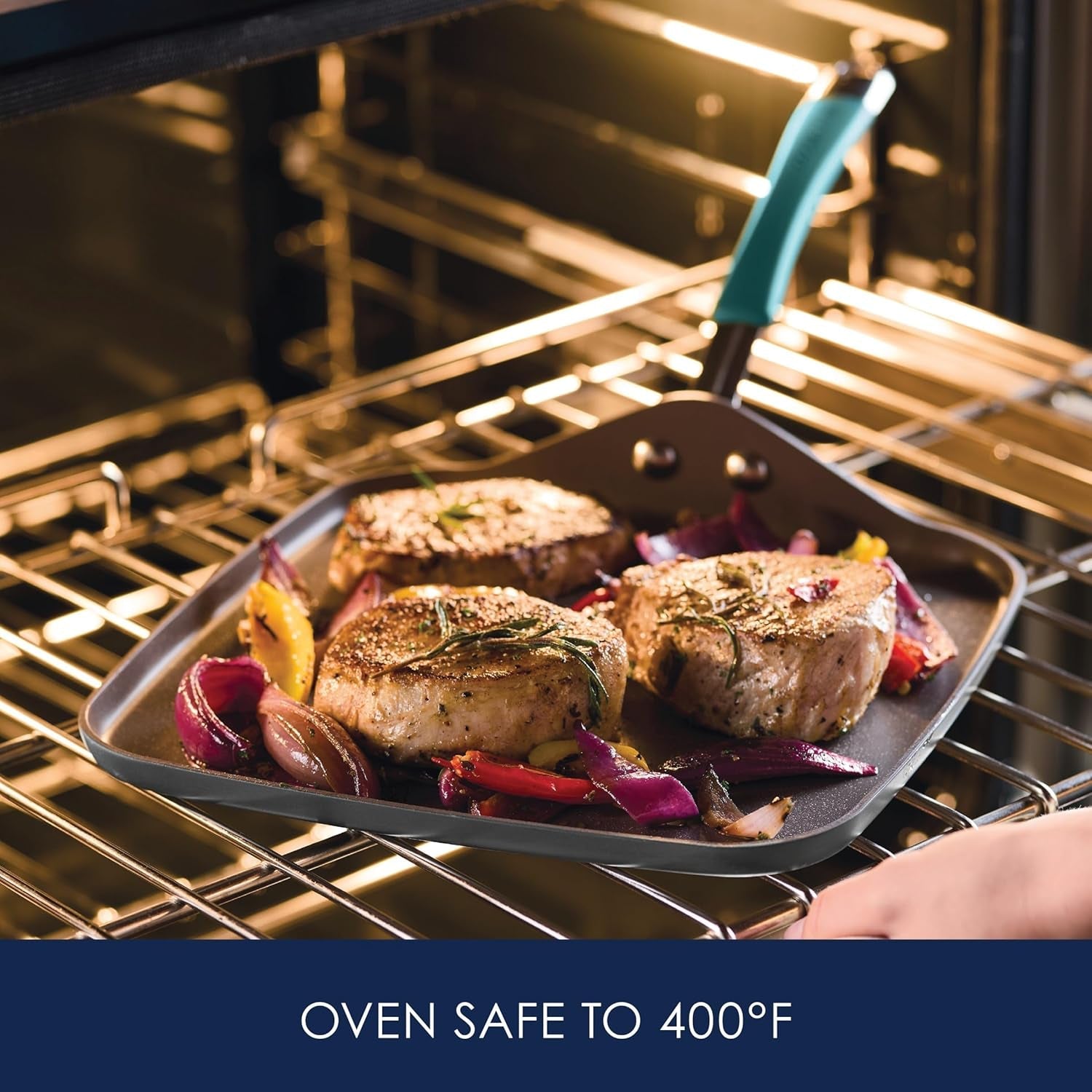 Rachael Ray Cucina Hard Anodized Nonstick Griddle Pan/Flat Grill. 11 Inch. Gray with Agave Blue Handle - Image 6