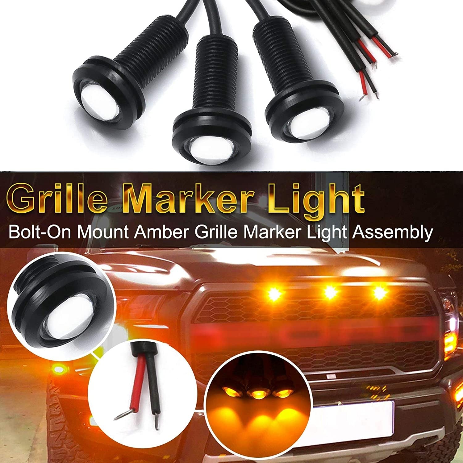 Xotic Tech 3Pcs LED Front Grille Marker Lights W/Projector Lens Assembly Compatible with Cars. Pickups. Trucks. SUV. Trailer. 3000K Amber - Image 2