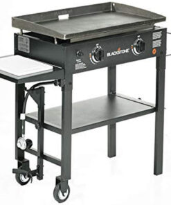 1853 Flat Top Gas Grill 2 Burner Propane Fuelled Rear Grease Management System 28 Outdoor Griddle Station for Camping with Built in Cutting Board and Garbage Holder. 28 Inch. Black