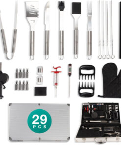 Grill Smoker Barbecue Accessories Tools Set - 29 Pcs Stainless Steel BBQ Flat Top Grill Tool Kit with Case for Outdoor Cooking & Camping – Deluxe Grilling Gift for Men (Aluminum Case)