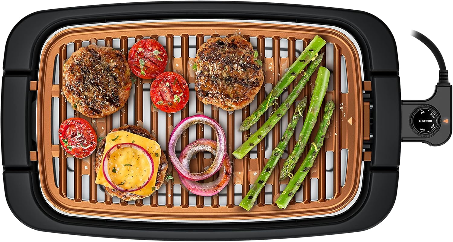 Chefman Smokeless Indoor Electric Grill. Copper. Extra Large. Nonstick Table Top Grill for Indoor Grilling and BBQ with Adjustable Temperature Control. Nonstick Dishwasher-Safe Parts. 9 X 15