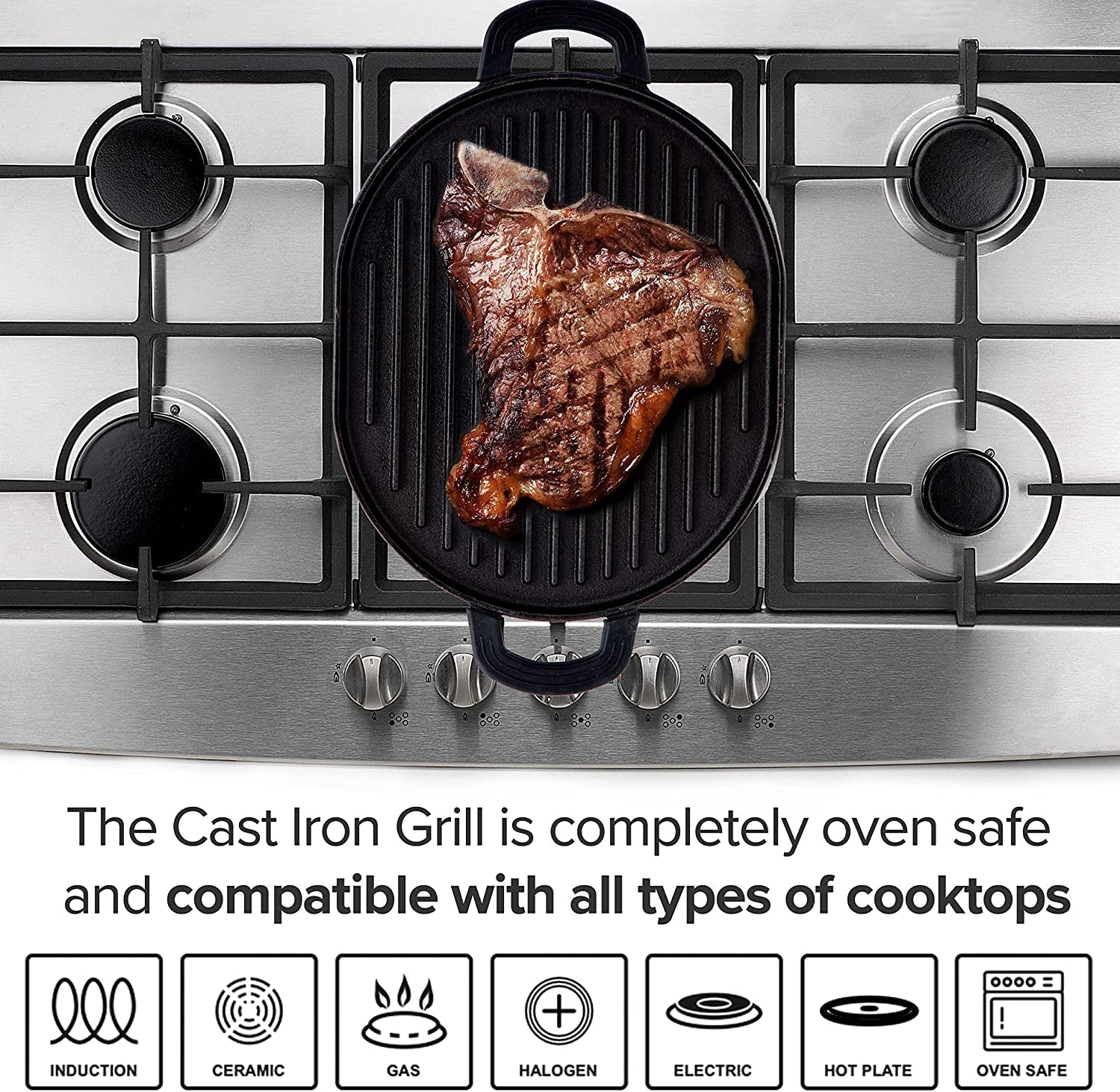 Cast Iron Grill. 12.42X10.21 Non-Stick Grilling Surface. Deep Grill Ridges. Pre-Seasoned. Stay-Cool Silicone Handles. Easy-To-Clean. Oven Safe. Stovetop. BBQ. Fire & Smoker. Induction-Ready - Image 3