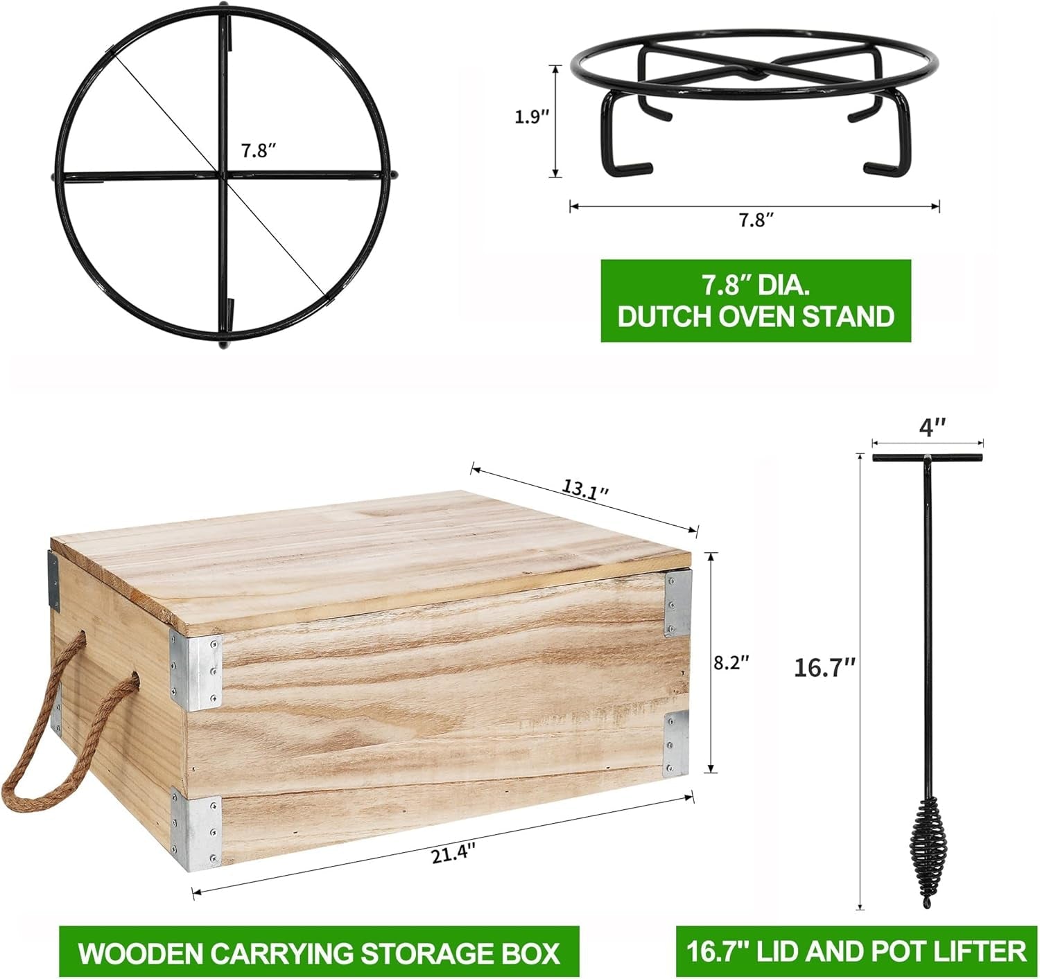 8 Piece Pre-Seasoned Dutch Oven Cooking Set Cast Iron Camping Kitchen Cookware Bakeware Skillets & Square Grill Pan W/Vintage Carrying Wood Box for Ourdoor Home BBQ Baking - Image 5