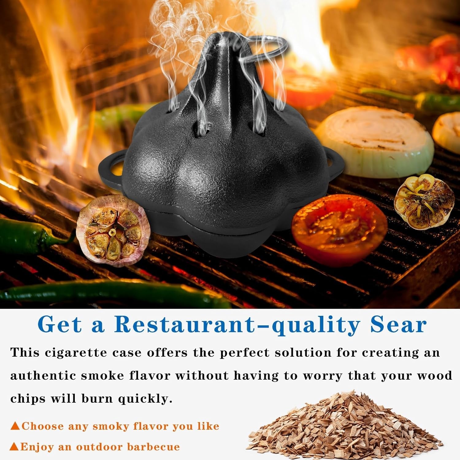 Cast Iron Smoker Roaster & Garlic Roster Baker. Smoker Box. Pre-Seasoned Cast Iron Garlic Roaster for Grill. Perfect for BBQ and Oven. for Smoky. Flavorful Vegetables. Meats or Wood Chips - Image 2