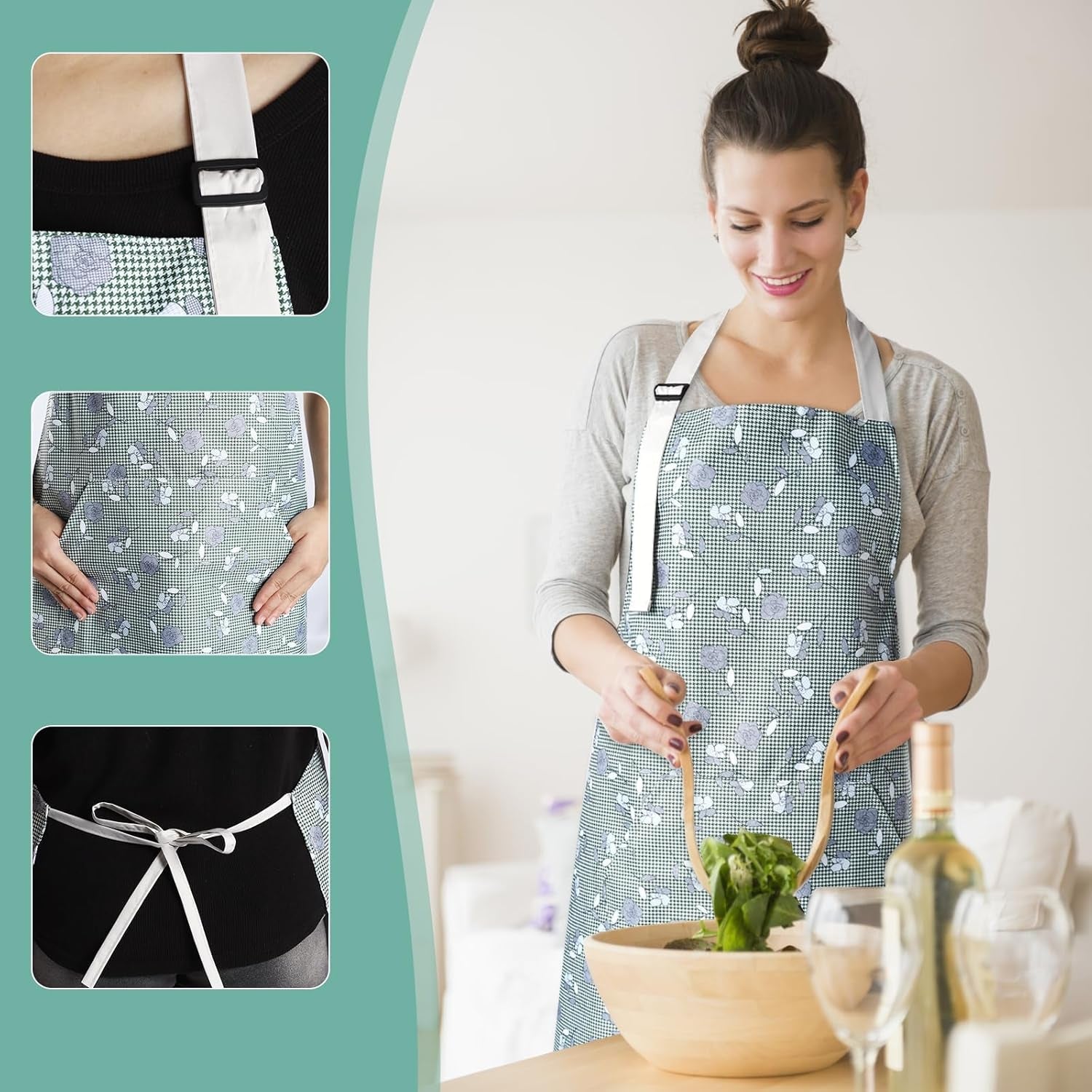 Apron for Women with Pockets. 3 Pcs Waterproof Floral Apron with Adjustable Neck Strap for Cooking. Baking. Gardening. Art Craft - Image 4