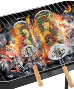 Rolling Grill Baskets for Outdoor.2 PCS BBQ Grilling Basket with Removable Wooden Handle. 5 and 3Diameter 304 Stainless Steel BBQ Net for Vegetables Seafood Meat. Camping Birthday Gifts for Men Dad Husband