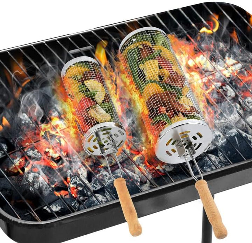 Rolling Grill Baskets for Outdoor.2 PCS BBQ Grilling Basket with Removable Wooden Handle. 5 and 3Diameter 304 Stainless Steel BBQ Net for Vegetables Seafood Meat. Camping Birthday Gifts for Men Dad Husband