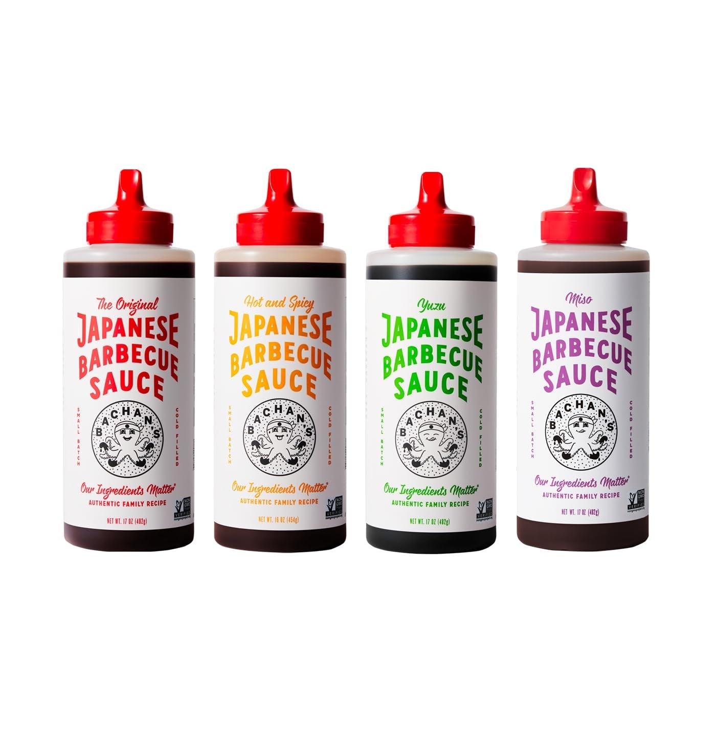 Bachan'S Variety Pack Japanese Barbecue Sauce. (1) Original. (1) Hot and Spicy. (1) Yuzu. (1) Miso. BBQ Sauce for Wings. Chicken. Beef. Pork. Seafood. Noodles. and More. Non GMO. No Preservatives. Vegan. BPA Free.
