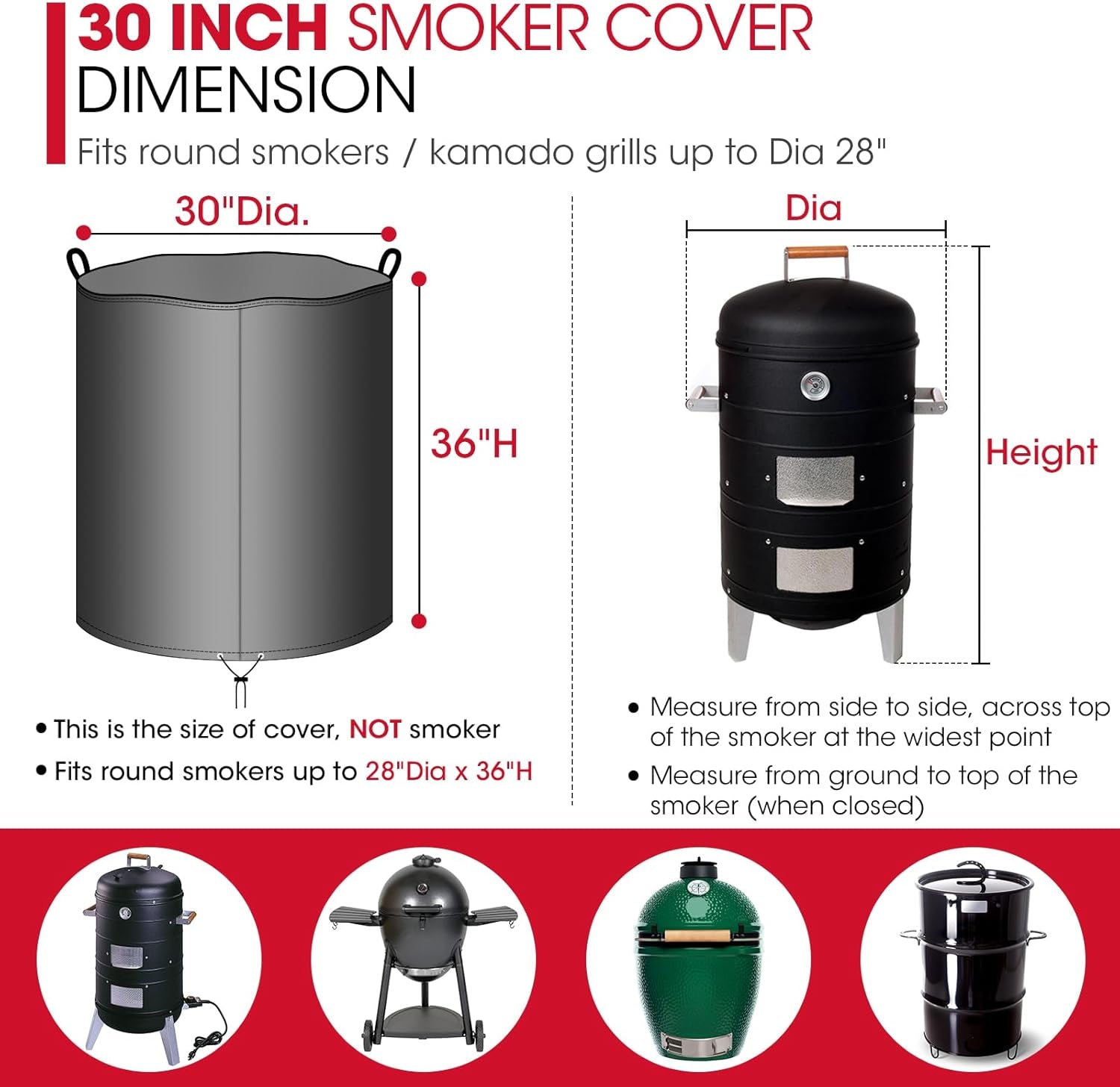 Unicook round Smoker Cover 30 Inch for Charcoal Kettle Grills. BBQ Grill Cover. Waterproof Vinyl Exterior with Polyester Lining. Compatible with Pit Barrel Cooker. Char-Griller and Akorn Kamado Etc. - Image 2