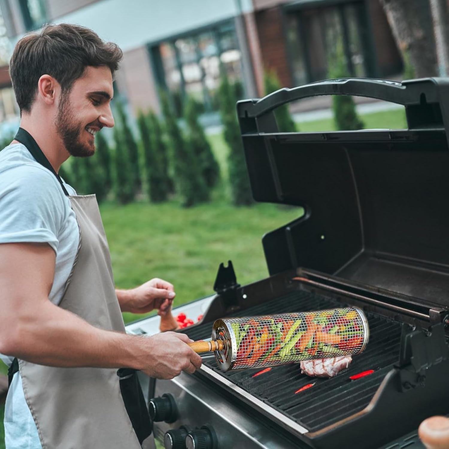 2 PCS Nesting Grill Baskets Rolling Grilling Baskets. Removable Wooden Handle. Stainless Steel Grill Accessories Set. Portable Grill Vegetables. Fish. Shrimp. Meat. Fries for Men Dad Husband - Image 6