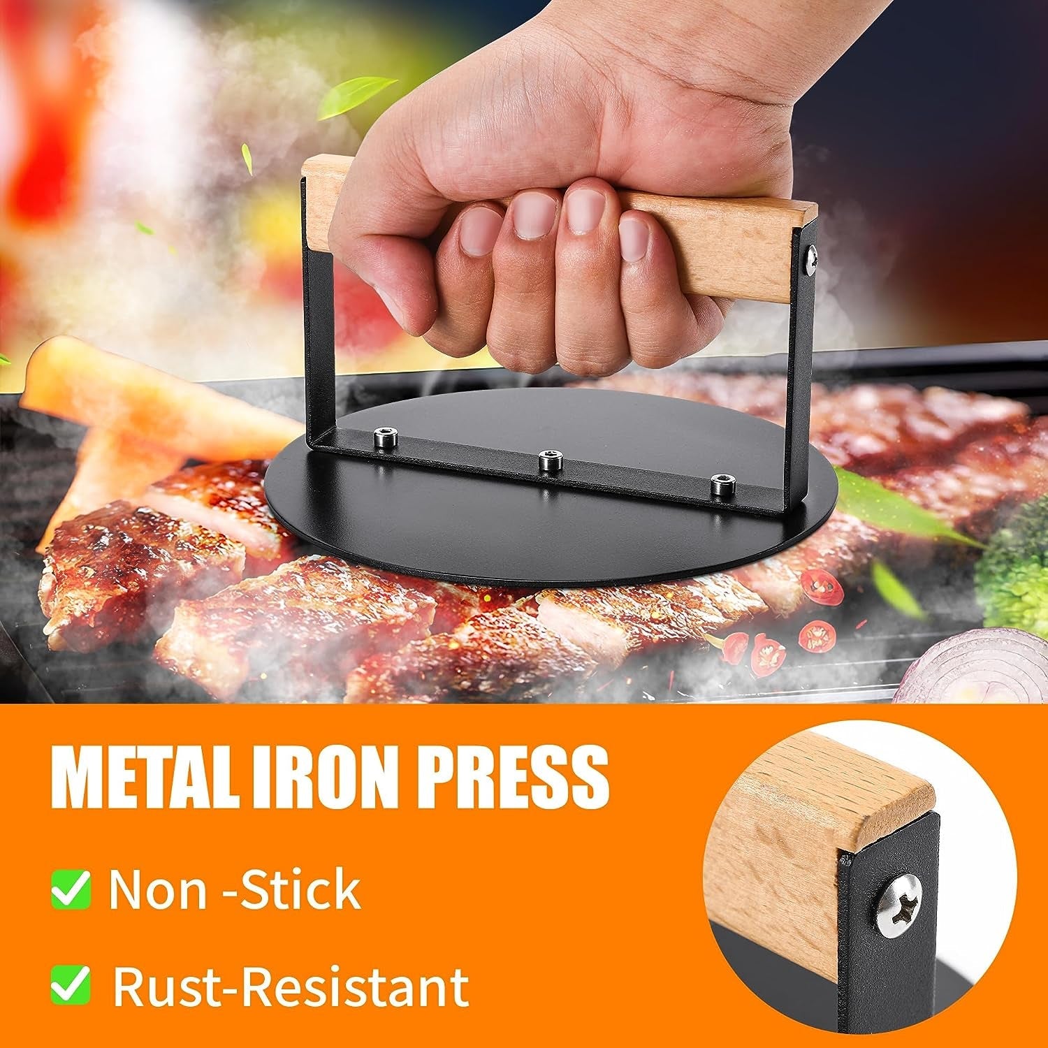 Bodkar Smash Burger Press 6 Inch. round Burger Smasher Grill Press for Griddle Bacon Press Meat Steak Press with Wood Handle - Image 2