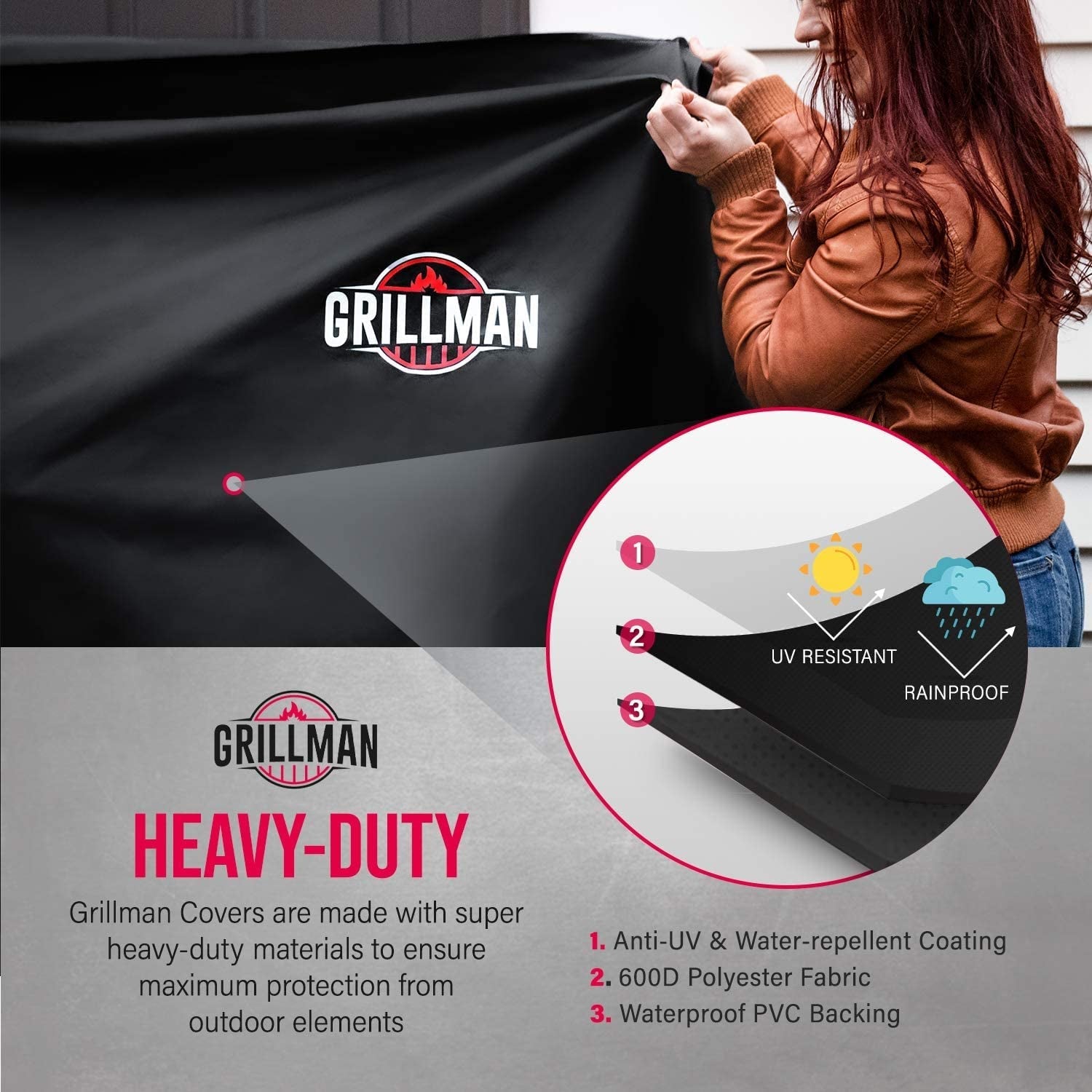 Grillman Premium Grill Cover for Outdoor Grill. BBQ Cover. Rip-Proof. Waterproof. Large Top Heavy Duty Grill Cover for outside Grill. Barbecue Cover & Gas Grill Covers (58 L X 24 W X 48 H. Black) - Image 3
