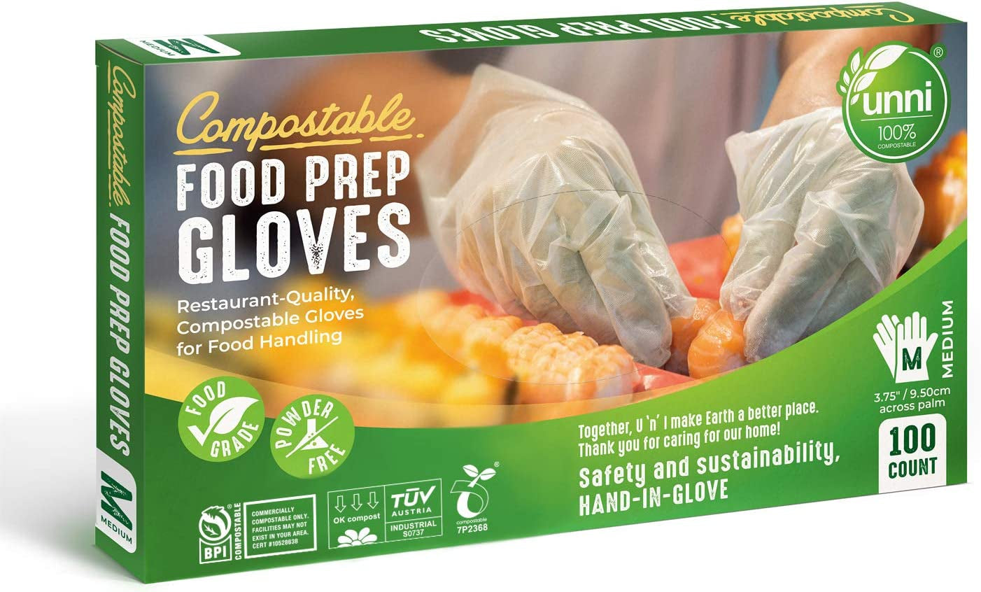 100% Compostable Food Prep Gloves. Restaurant-Quality.For Food Handling. Powder-Free. 100 Count. Medium. Earth Friendly Highest ASTM D6400. US BPI and Europe OK Compost Certified. San Francisco