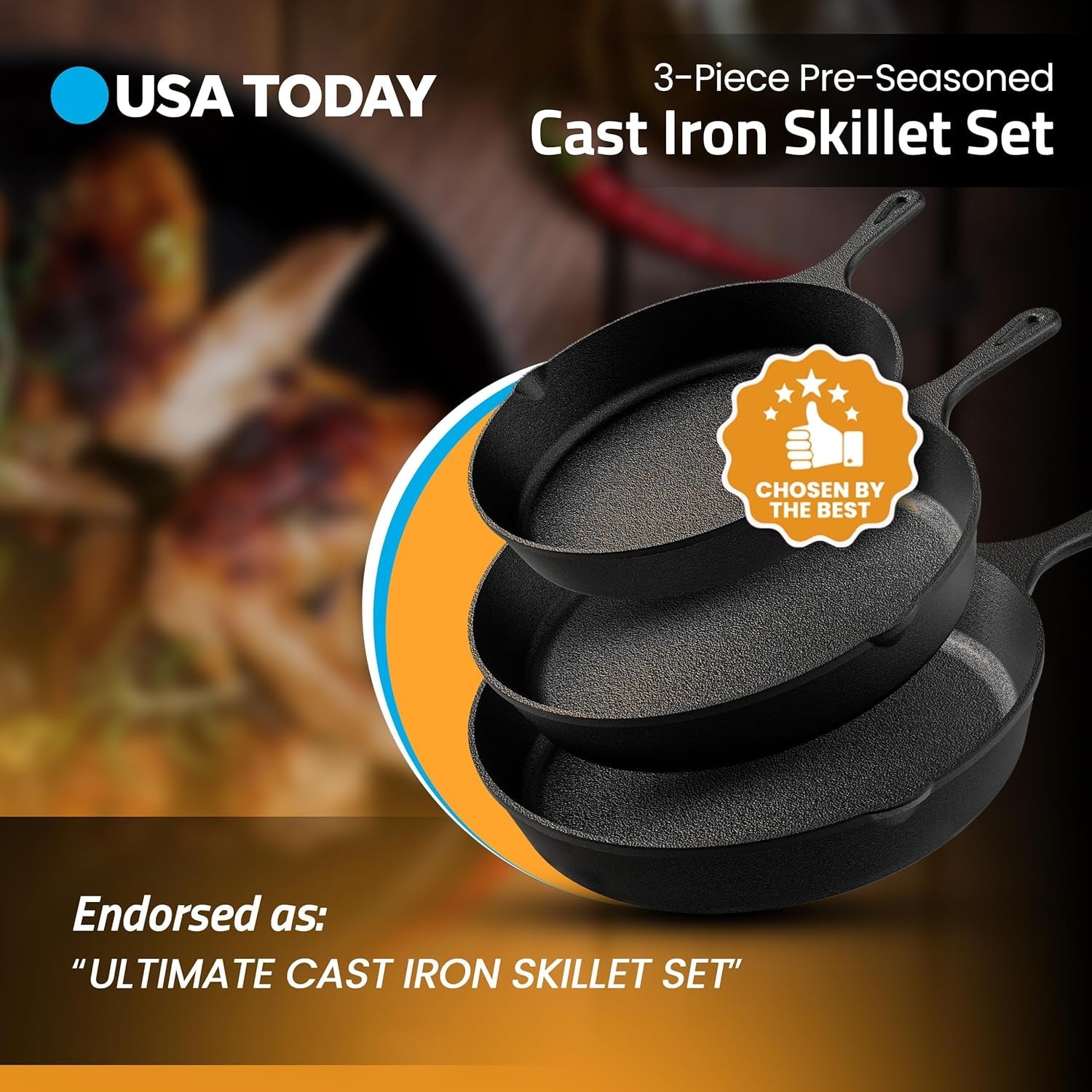 Utopia Kitchen Cast Iron Skillets 3 Piece Set. Chefs Pan. Pre Seasoned Cast Iron Skillets. 6. 8 & 10 Inches. Easy Use in the Oven. Stove. Grill. or Campfire. Black - Image 2