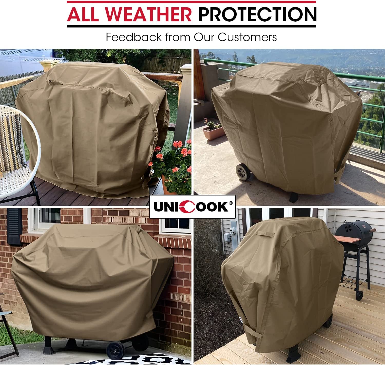 Unicook Grill Cover 60 Inch. Heavy Duty Waterproof Gas BBQ Cover with Sealed Seam. Rip and Fade Resistant BBQ Grill Cover. Compatible with Weber Charbroil and More Grills up to 58 Inch. Neutral Taupe - Image 4