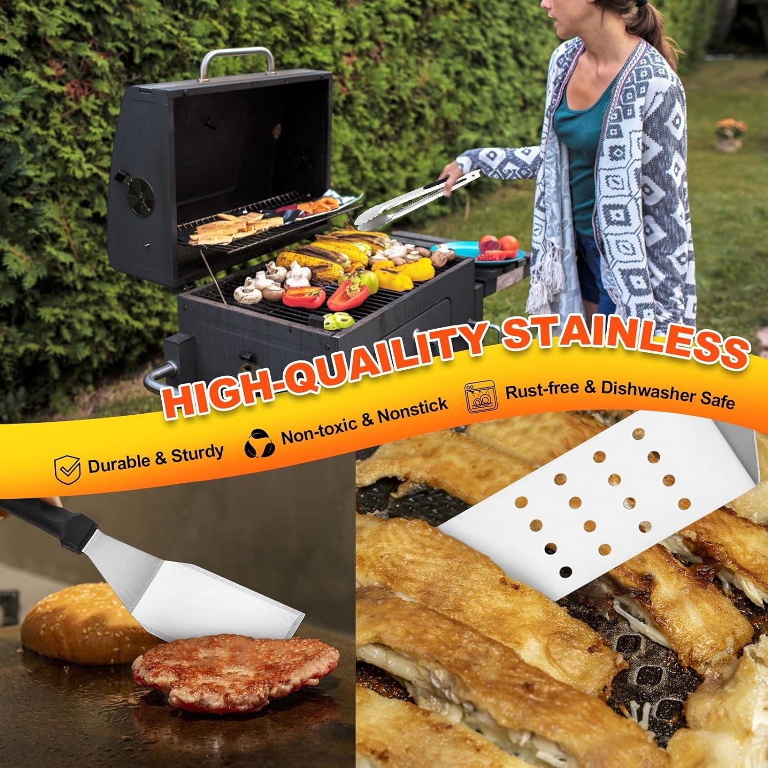 CEKEE 10PCS Blackstone Griddle Accessories Kit. Flat Top Grill Accessories Kit for BBQ and Camp Chef. Grill Spatula Set with Enlarged Griddle Spatula. Burger Press. Scraper for Outdoor BBQ Cooking - Image 7