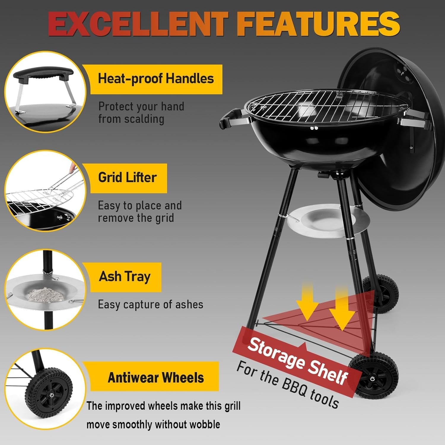 Joyfair Kettle Charcoal Grill (18 Inch). Outdoor Barbecue Grill for Camping/Backyard/Tabletop Grilling. Portable round Smoker with Wheels. Enameled Lid & Fire Bowl. Dual Venting System. Black - Image 6
