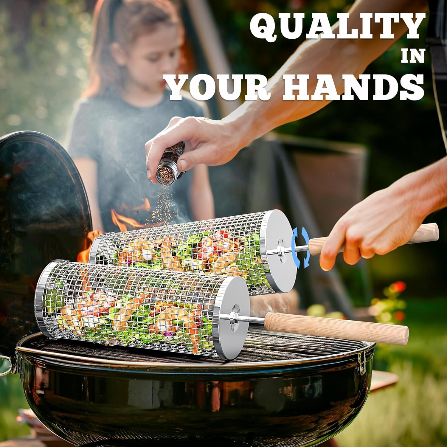 Rolling Grill Basket(2Pcs). Removable Wooden Handle. 304 Stainless Steel. Nesting Grilling Net. BBQ Accessories Tool for Vegetable Shrimp. Outdoor Cooking Camping. Birthday Gifts for Men Dad Husband - Image 3