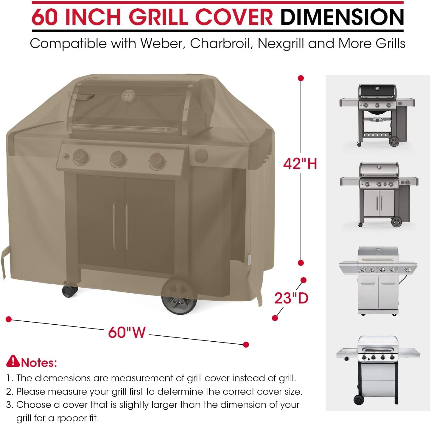 Unicook Grill Cover 60 Inch. Heavy Duty Waterproof Gas BBQ Cover with Sealed Seam. Rip and Fade Resistant BBQ Grill Cover. Compatible with Weber Charbroil and More Grills up to 58 Inch. Neutral Taupe - Image 2