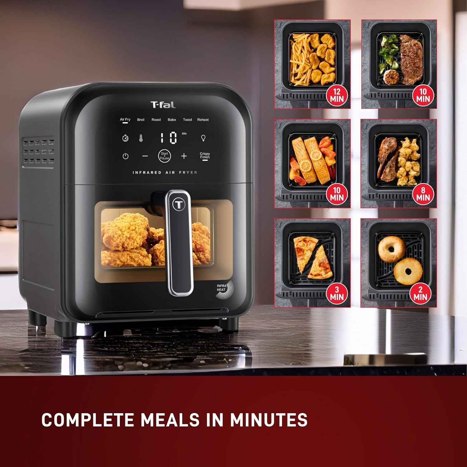 T-Fal Infrared Air Fryer: 6 Qt Digital Touch Screen. 7-In-1 Cooking Functions. 45-Seconds to Reach 750°F on Carbon Fiber Heater Surface. No-Shake Technology. Crispy Finish. 1550W. Black - Image 10