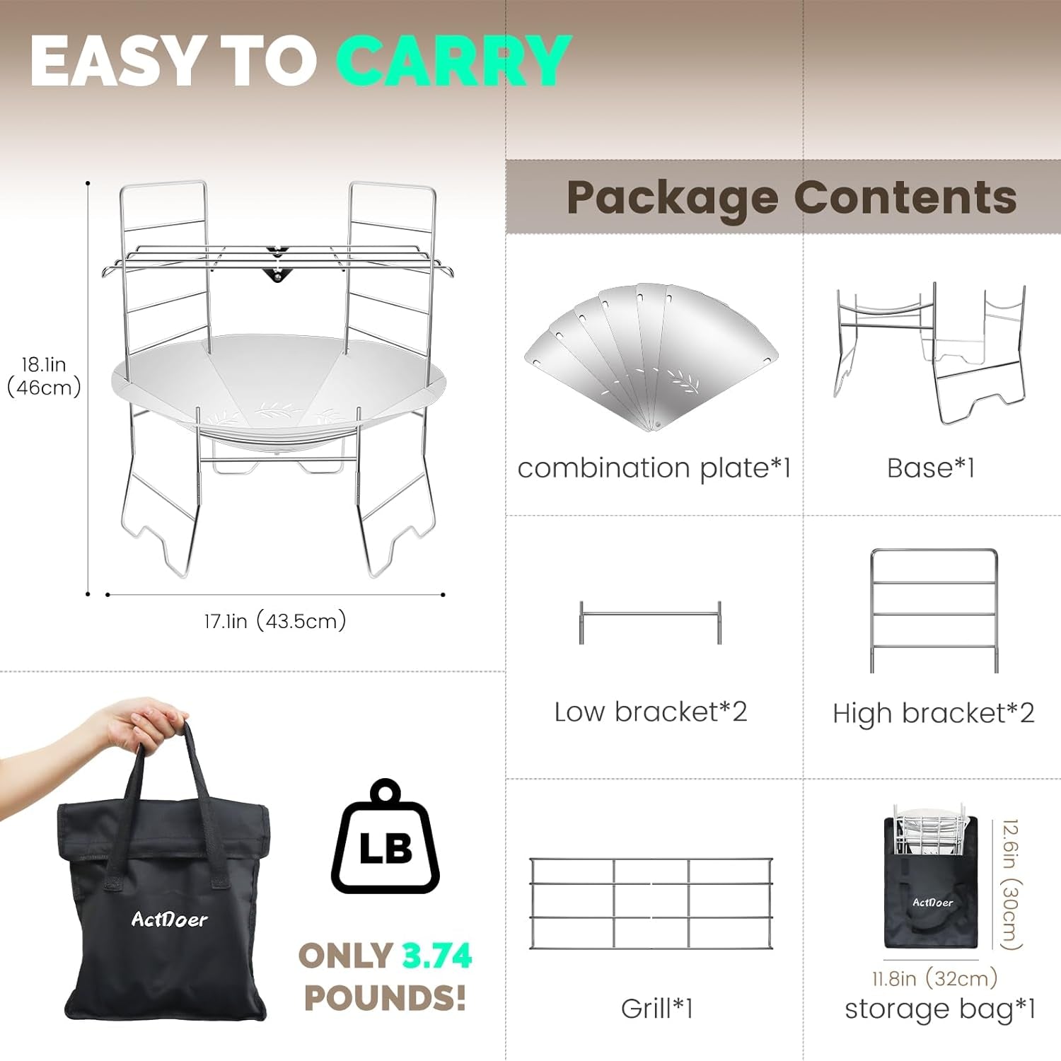 Actdoer Camping Fire Pit 17 Inch - 304 Stainless Steel Portable Fire Pit with Storage Bag for Outdoor Wood Burning. Camping. Backpacking. Outdoor Heating - Image 3