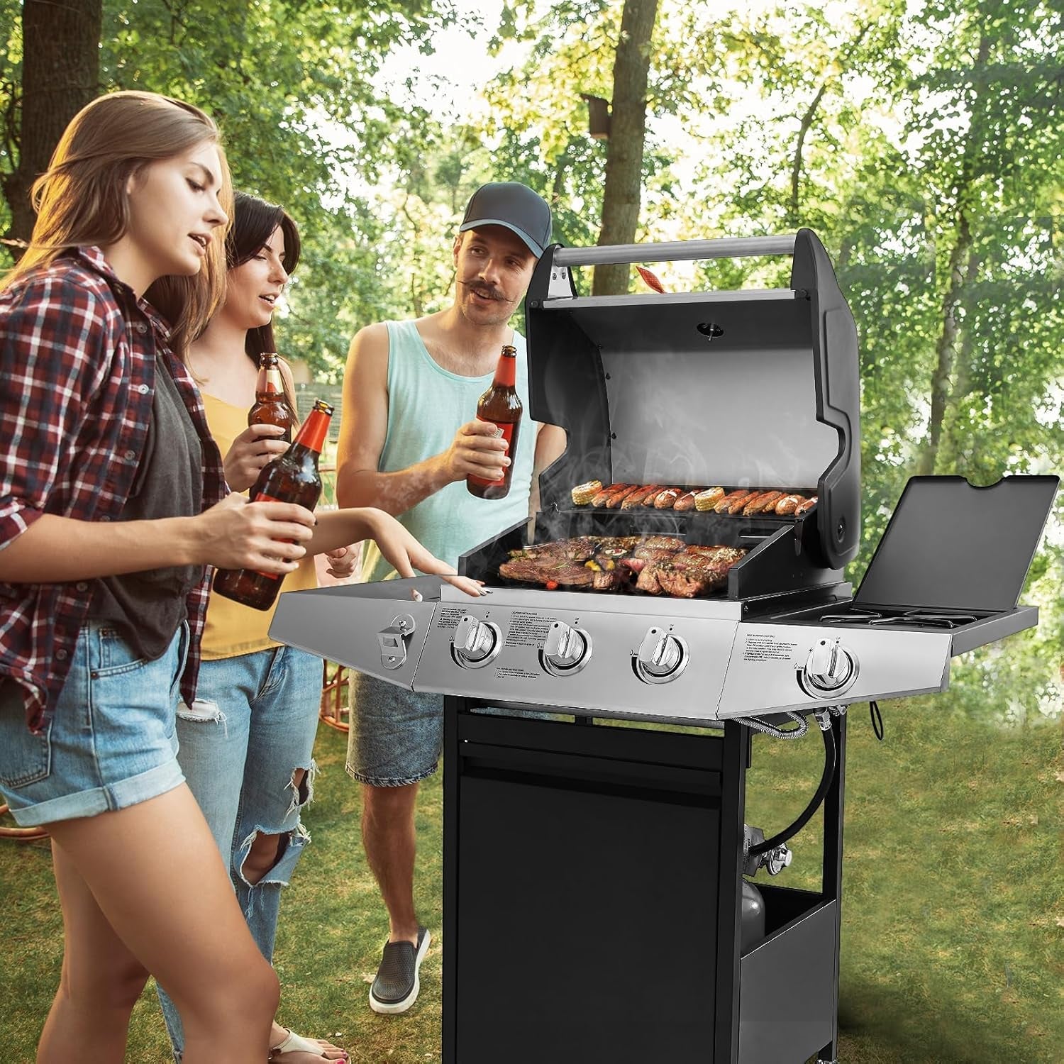 3 Burners Gas Grill with Side Burner. Propane Grill with Wheels and Storage. Outdoor Gas BBQ with Oil Tray and Thermometer for Patio and Party. 37000 BTU - Image 2