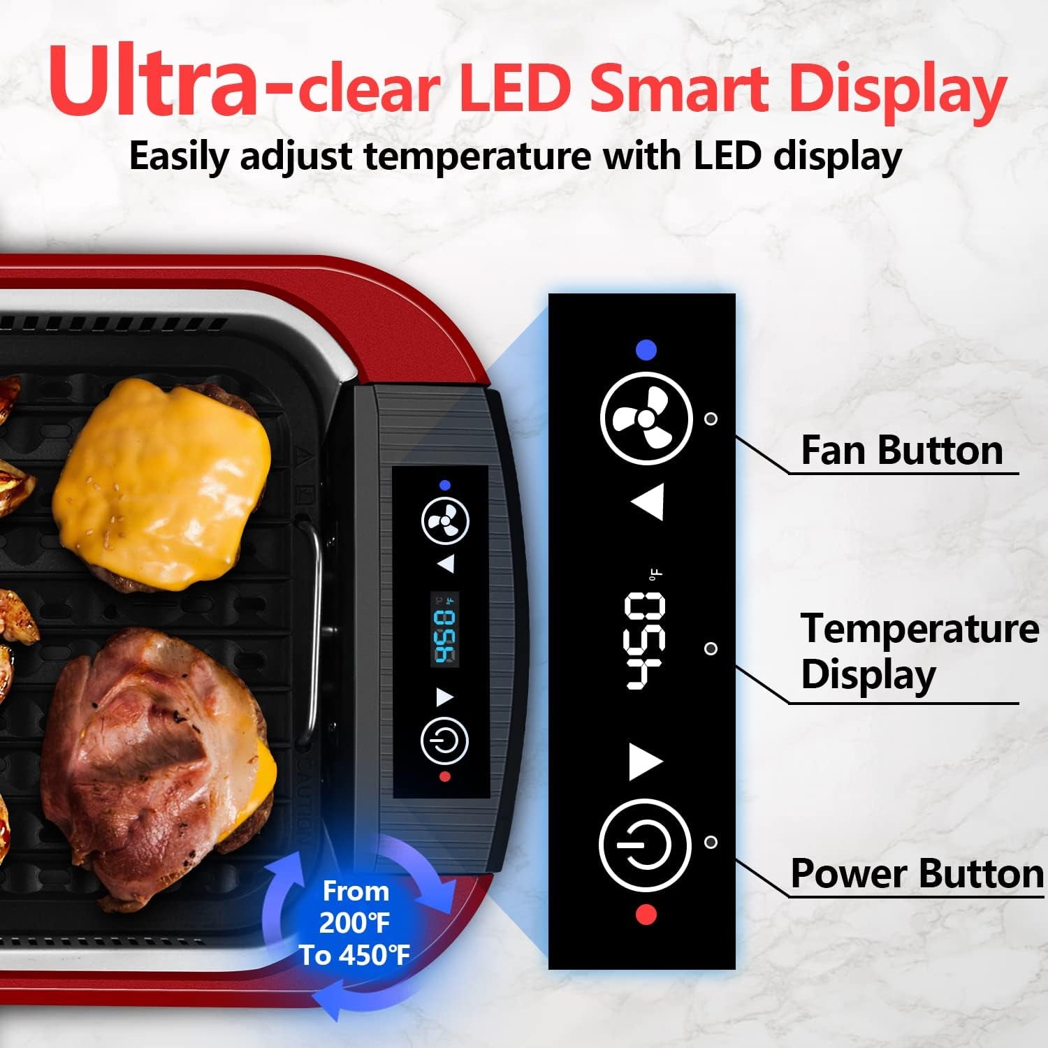 Indoor Grill. CUSIMAX Smokeless Grill Indoor. Electric Grill Griddle. 1500W Korean BBQ Grill with LED Smart Display & Tempered Glass Lid. Non-Stick Removable Grill Plate & Griddle Plate. Red - Image 3