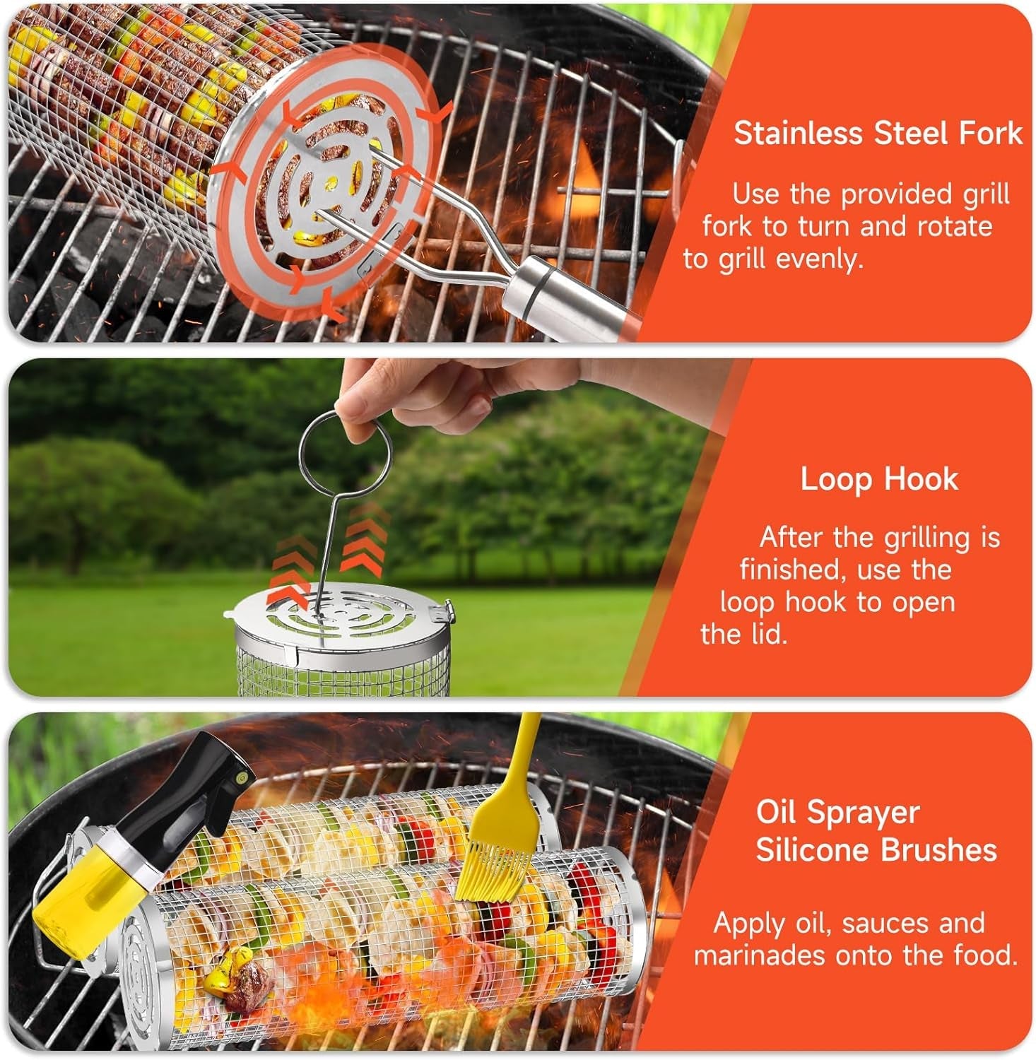 BBQ Basket 2 PCS. Stainless Steel Rolling Grill Mesh for Fish. Shrimp. Meat. Vegetables. Fries - Portable Barbeque Accessories for Outdoor Grilling - Image 4