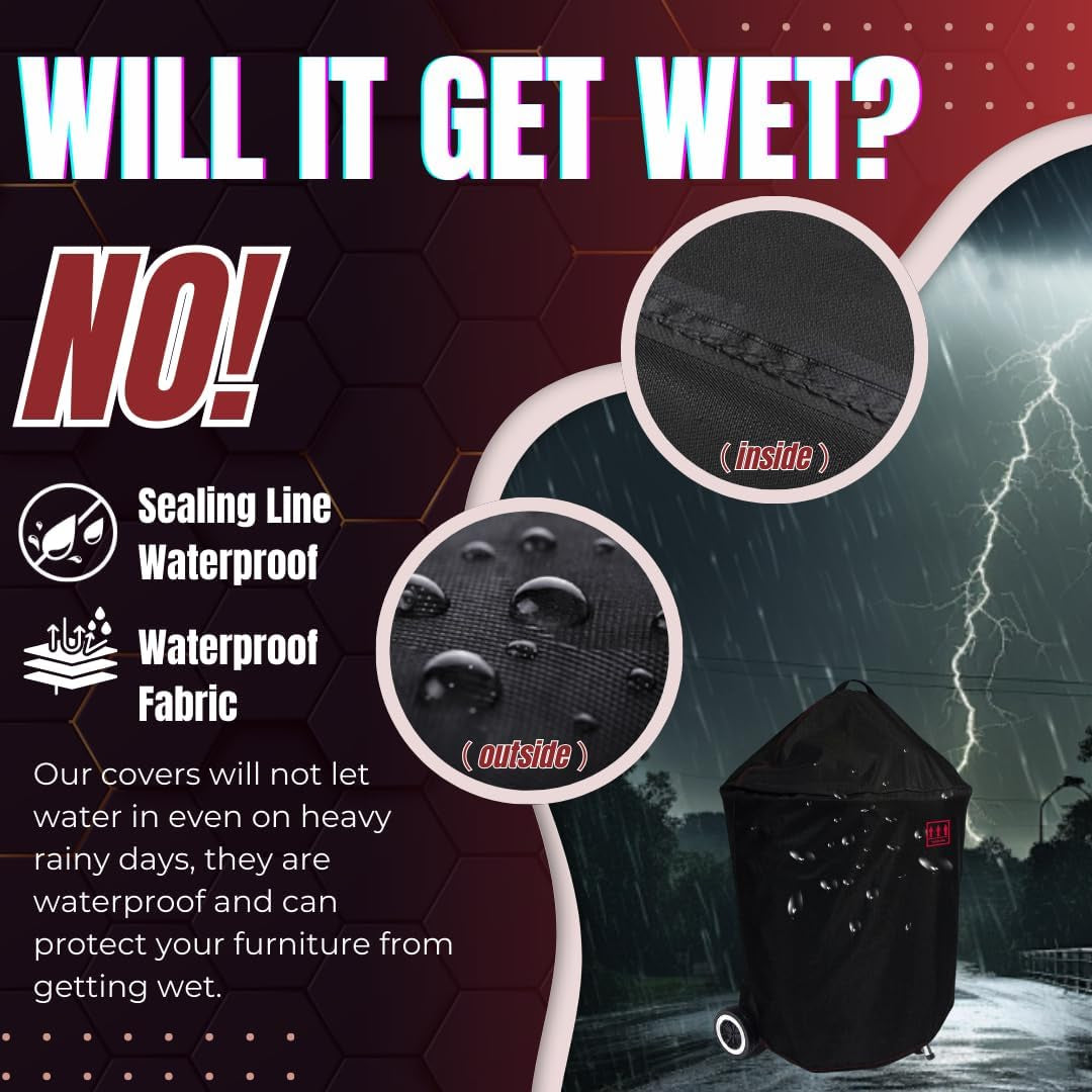 Round BBQ Grill Cover. 26Inch Heavy Duty Durable Waterproof Rip Resistant UV Resistant Charcoal Kettle Grill Cover. Dia33 X38 H. Black - Image 8