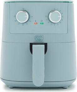 Greenlife 4.5QT Mechanical Air Fryer. Pfas-Free Ceramic Nonstick Crisper Drawer. Adjustable Temperature Timer Dial. LED Indicator. Holiday Gifting. Dishwasher Safe. Kitchen Essential. Blue Haze